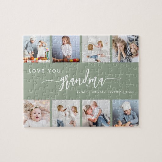 Love You Grandma 8 Photo Collage Sage Green Puzzle (Horizontal)