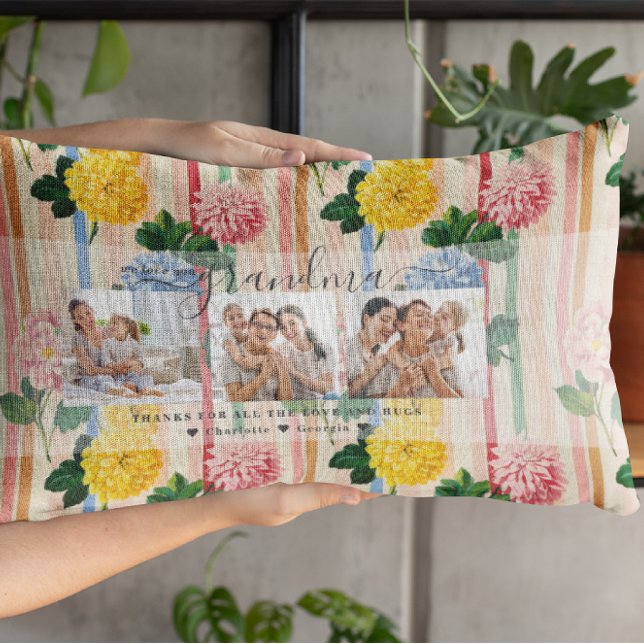 Love You Grandma | Floral Three Photo Collage Lendenkissen (Von Creator hochgeladen)