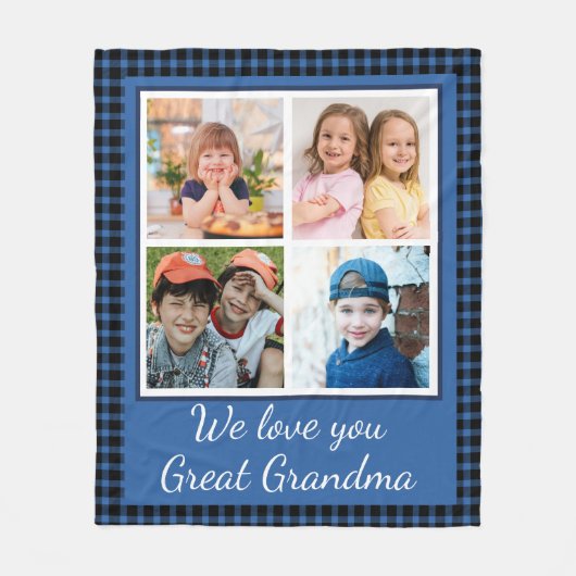 Love You Great Grandma 4 Photo Collage Blue Plaid Fleecedecke (Vorderseite)