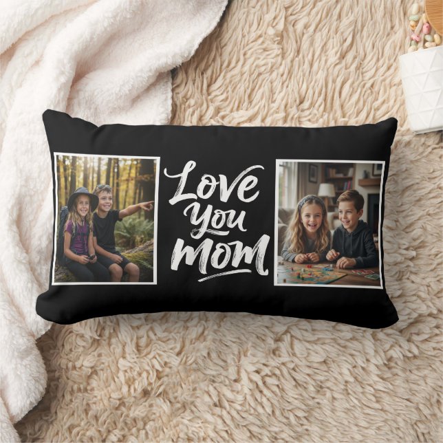 Love You Mom Two Photo Brush Script Keepsake black Lendenkissen (Decke)