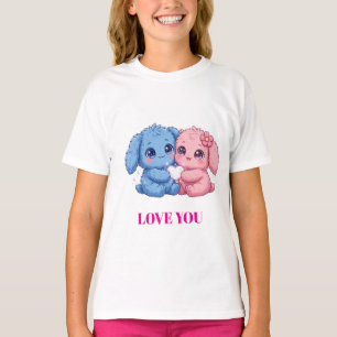 Love You Sitzende Monster T-Shirt, Blau Rosa Hase T-Shirt