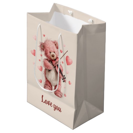 Love You Teddy with Violin Mittlere Geschenktüte (Vorderseite Schrägansicht)