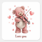 Love You Teddy with Violin Quadratischer Aufkleber (Vorderseite)