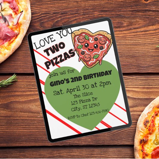 Love You Two Pizzas 2nd Birthday Einladung