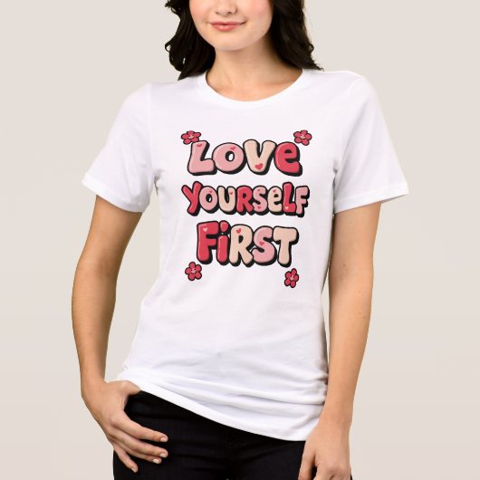 "Love Yourself First" Retro 70s Typography Tri-Blend Shirt (Vorderseite)