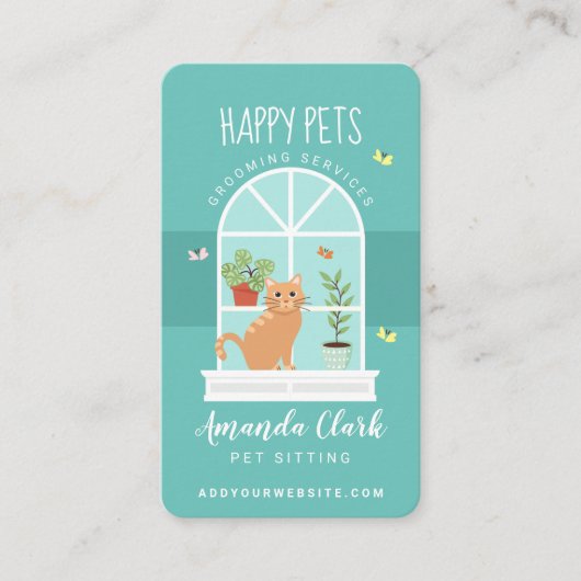 Loveable Happy Cat on Window Sill Pet Sitzen Visitenkarte (Vorderseite)