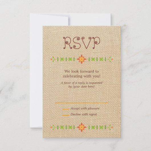 Lovebird Owls auf Burlap Wedding RSVP Karte (Vorderseite)