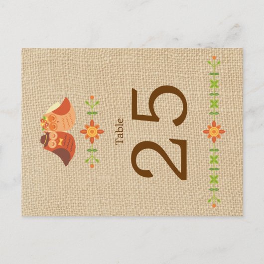 Lovebird Owls auf Burlap Wedding Tischnummer (Vorderseite)