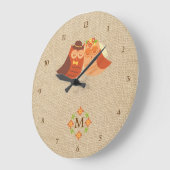 Lovebird-Owls auf der Burlap Monogram-Uhr Große Wanduhr (Winkel)