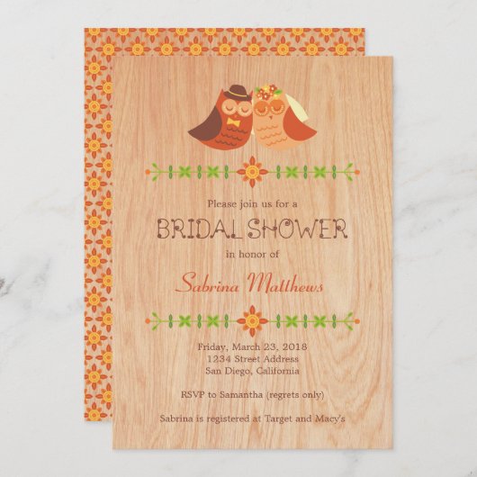 Lovebird Owls auf Holz Brautparty Einladung (Vorne/Hinten)
