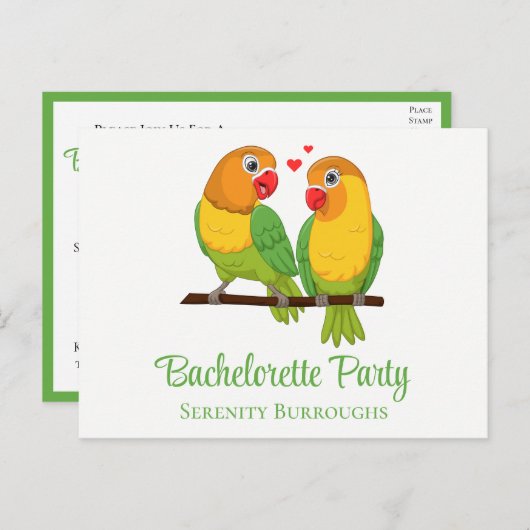 Lovebird Yellow Green Love Birds Bachelorette Einladungspostkarte (Vorne/Hinten)