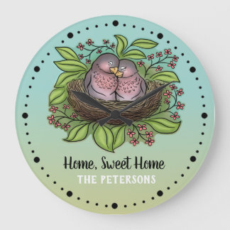 Lovebirds Couple in Nest Zuhause Sweet Zuhause Große Wanduhr
