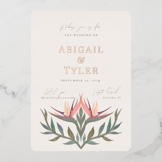 Lovebirds im Paradies Hochzeit Folieneinladung (Vorderseite)