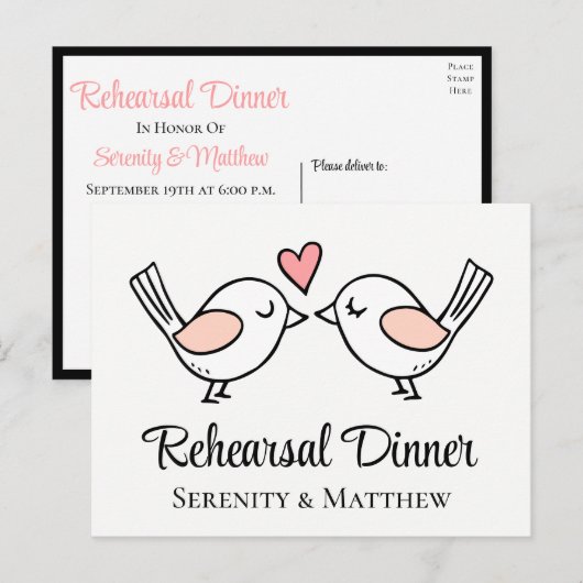 Lovebirds Love Bird Black Wedding Probe Dinner Einladungspostkarte (Vorne/Hinten)