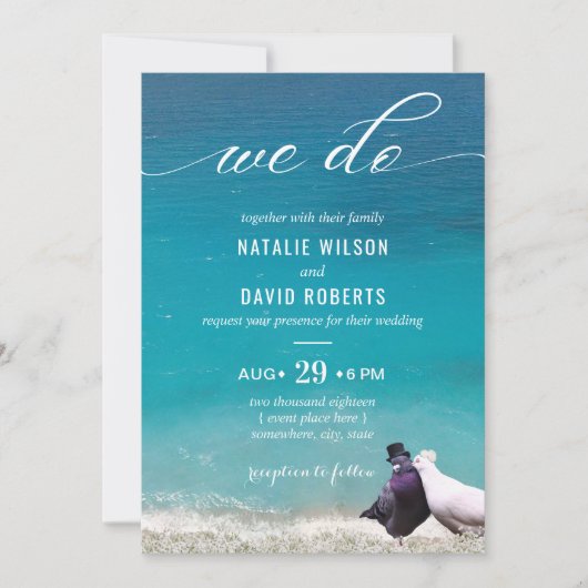 Lovebirds machen wir Typografie Beach Wedding Einladung (Vorderseite)