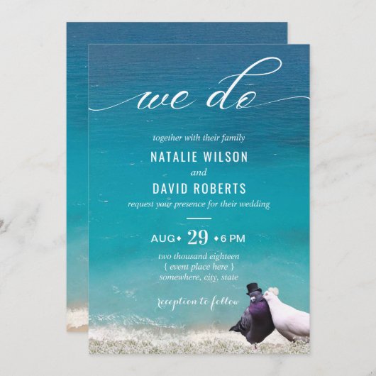 Lovebirds machen wir Typografie Beach Wedding Einladung (Vorne/Hinten)