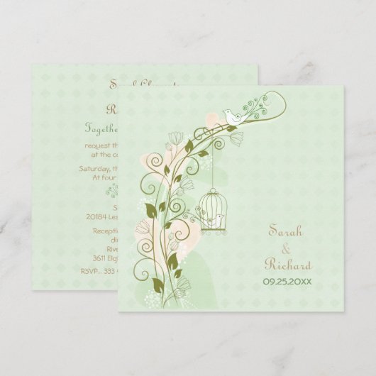 Lovebirds Mint Wedding Einladung (Vorne/Hinten)