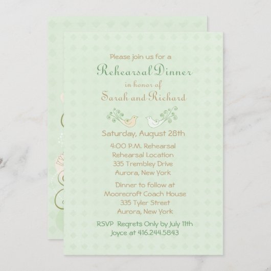 Lovebirds Mint Wedt Probe Dinner Einladung (Vorne/Hinten)