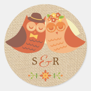 Lovebirds Owl auf Burlap-Hochzeitsticker Runder Aufkleber