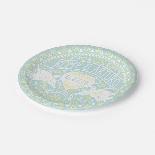 Lovebirds Papel Picado Stil Maßgeschneiderte Platt Pappteller (Schrägansicht)