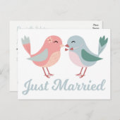 Lovebirds Pink & Blue Just Married Wedding Ankündigungspostkarte (Vorne/Hinten)