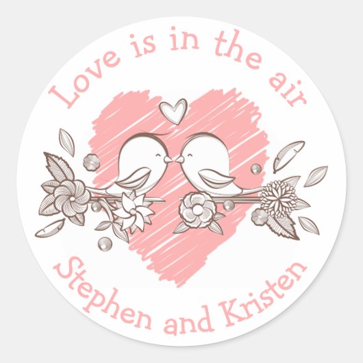 Lovebirds Pink Heart Wedding Personalisierte Liebe Runder Aufkleber (Vorderseite)