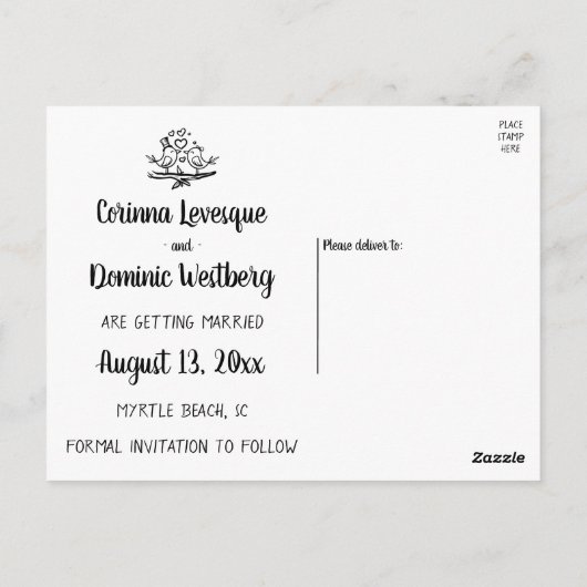 Lovebirds Schwarz-weiße Hochzeit speichern das Dat Postkarte (Rückseite)