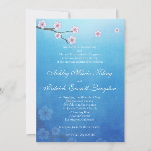 Lovebirds und Kirschblüte - blauer Hintergrund Einladung (Rückseite)