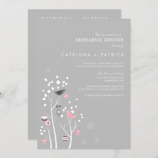 Lovebirds Winterschnee Probe Abendessen Einladung (Vorne/Hinten)