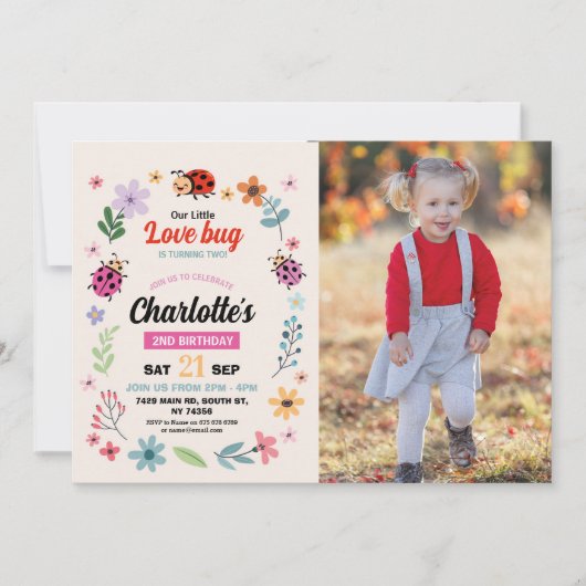 Lovebug Birthday Girls Liebe Bug Ladybird Fotos Einladung (Vorderseite)