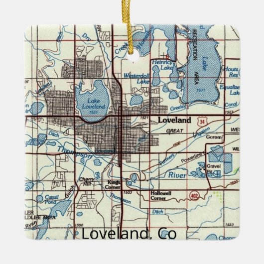 Loveland CO Topo Karte Keramikornament (Vorderseite)