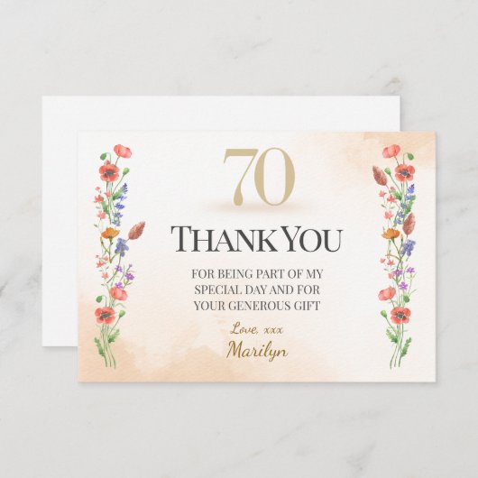 Lovely 70th Birthday – Wildflower Design Dankeskarte (Vorne/Hinten)