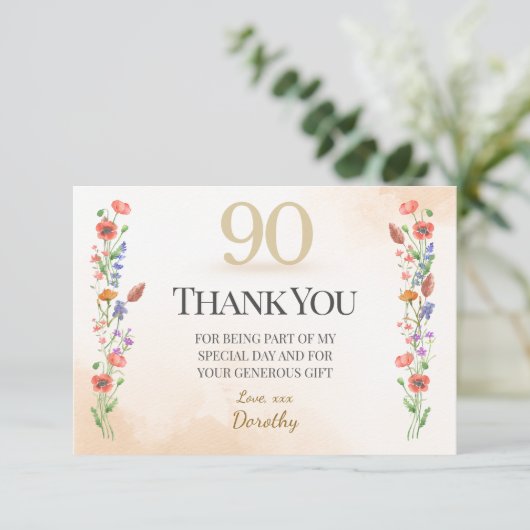 Lovely 90th Birthday – Wildflower Design Dankeskarte (Stehend Vorderseite)