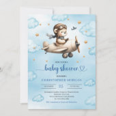 Lovely blue and gold aviator bear baby shower  einladung (Vorderseite)