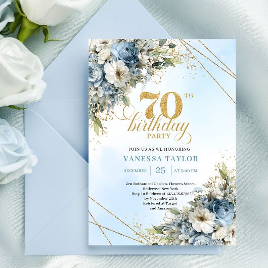 Lovely bohemian blue florals gold frame 70th bday einladung