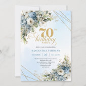 Lovely bohemian blue florals gold frame 70th bday einladung (Vorderseite)
