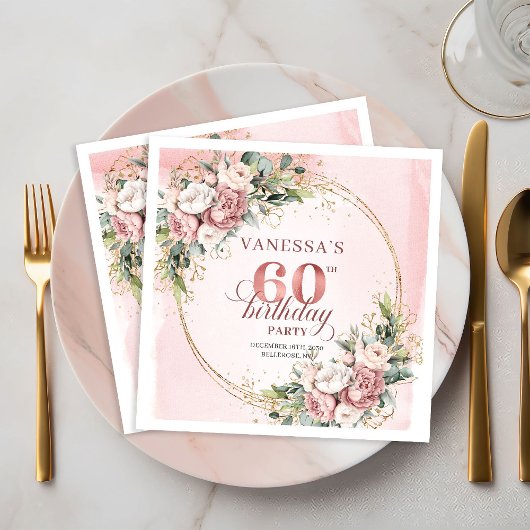 Lovely Boho Rose Gold Floral 60th Birthday Napkins Serviette