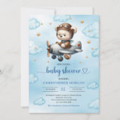 Lovely Boy Shower Invitation Teddy Bear Pilot Blue Einladung (Vorderseite)