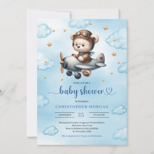 Lovely Boy Shower Invitation Teddy Bear Pilot Blue Einladung (Vorderseite)