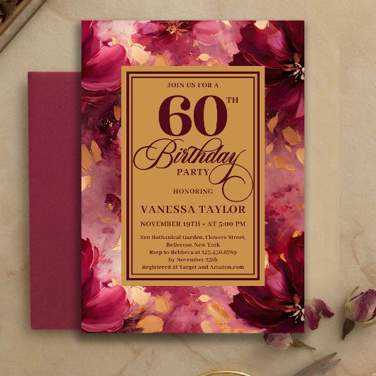 Lovely Burgundy Blush Gold Style 60th Birthday   Einladung