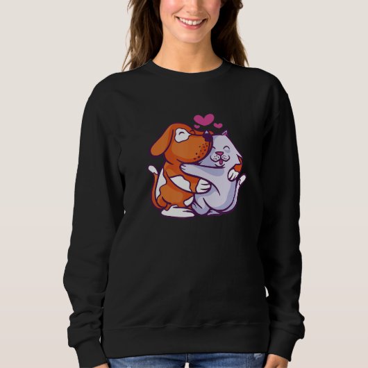 lovely cat and dog hug design living in peace frie sweatshirt (Vorderseite)