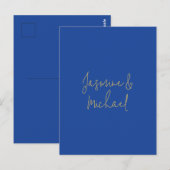 Lovely Chic Calligraphy Couple Names Blue & Gold Postkarte (Vorne/Hinten)