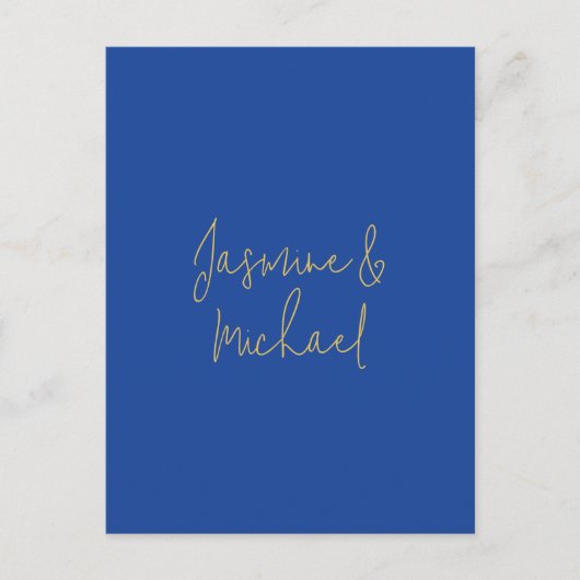 Lovely Chic Calligraphy Couple Names Blue & Gold Postkarte (Vorderseite)