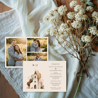 Lovely Church Watercolor 3-Photo Collage Wedding  Einladung
