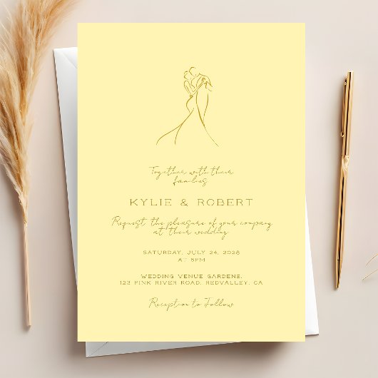 Lovely Couple Drawn Script Butter Yellow Wedding Einladung
