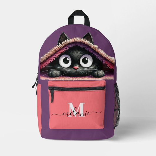 Lovely Cute Kitten Custom Monogram Script Name Bedruckter Rucksack (Vorderseite)