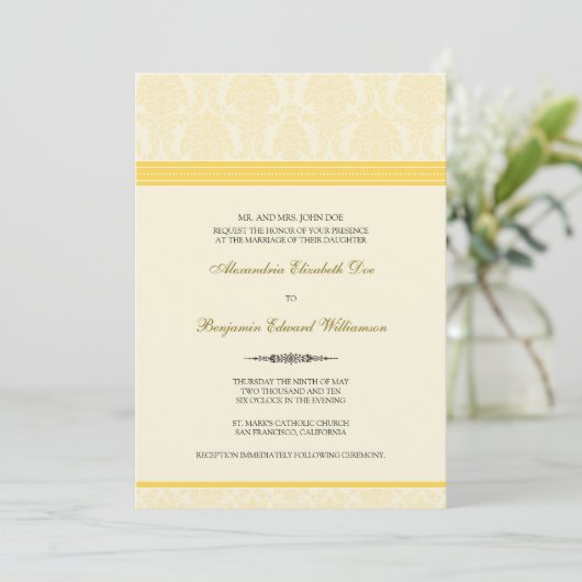 Lovely Damask Wedding Invitation (Zitrone/Creme) Einladung (Stehend Vorderseite)