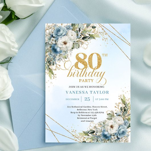 Lovely Dusty Blue Floral Gold 80th Birthday Invite Einladung