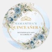 Lovely Dusty Blue Gold Greenery Quinceañera Favor Runder Aufkleber (Vorderseite)