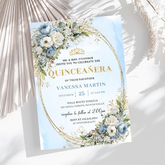 Lovely Dusty Blue Gold Greenery Quinceañera Invite Einladung